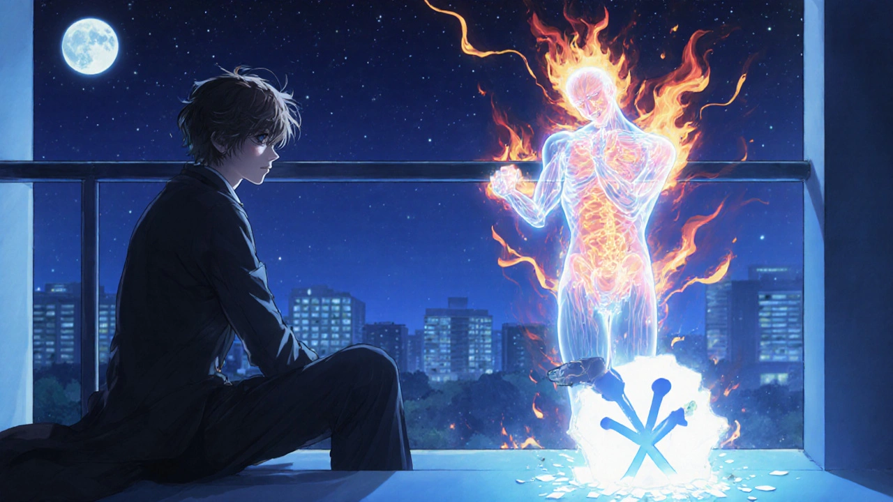 A figure on a hospital balcony, serene yet haunted by a ghostly version of themselves in agony.