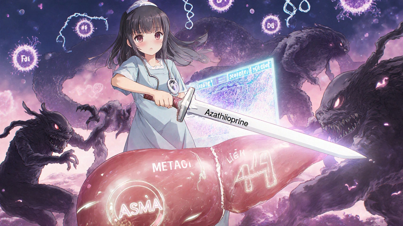 A girl fighting shadowy immune monsters on a liver battlefield, holding a sword labeled &#039;Azathioprine&#039;.