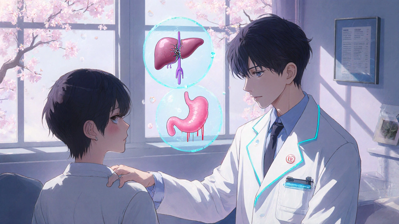 A healer in a lab coat calming a patient, with floating holograms showing liver and stomach damage from pain relievers, cherry blossoms falling nearby.