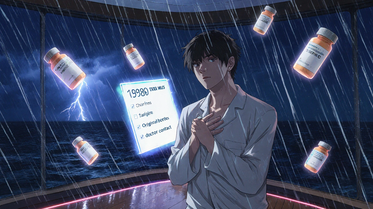 A pale traveler in a stormy cabin, surrounded by floating medication bottles and a glowing checklist, conveying panic and preparation.