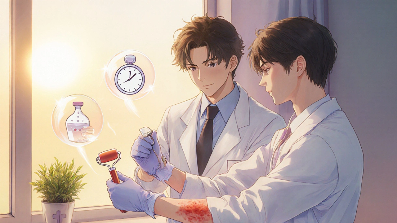 A patient using capsaicin roller with gloves, guided by a pharmacist, golden light, healing symbols floating nearby.