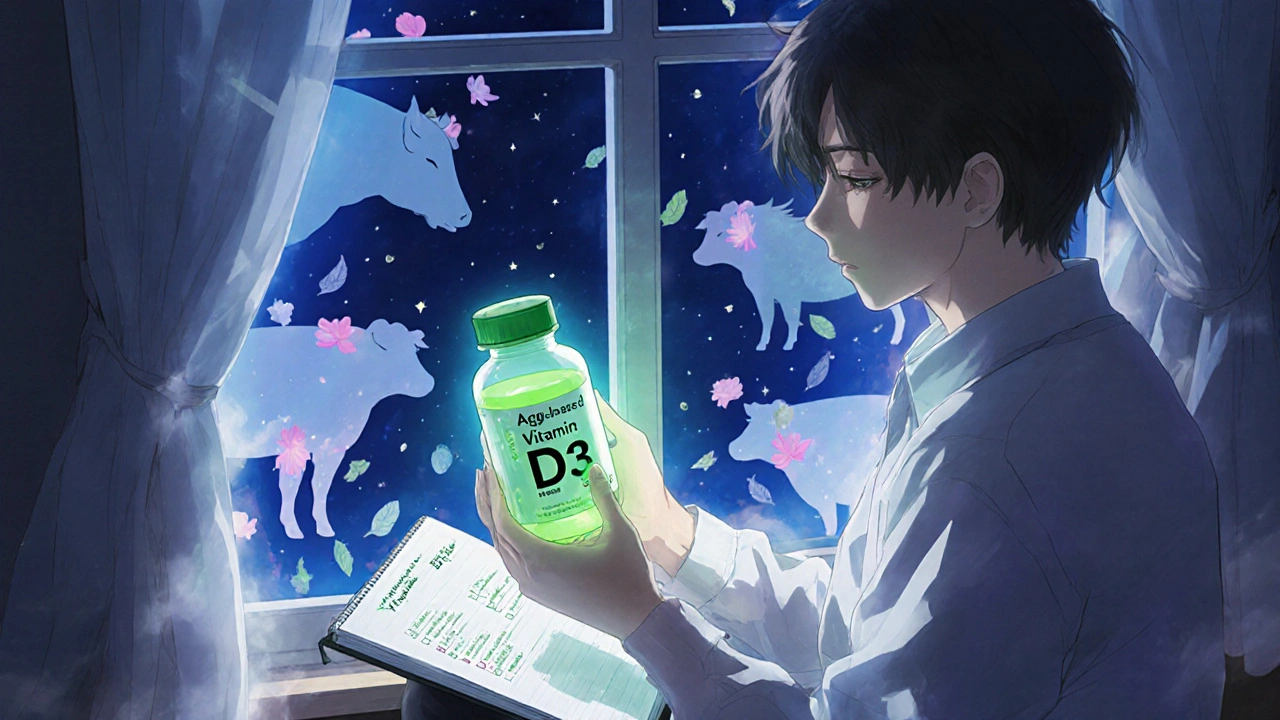 A person meditates at night holding a glowing algae-based vitamin bottle as animal shapes turn to leaves.