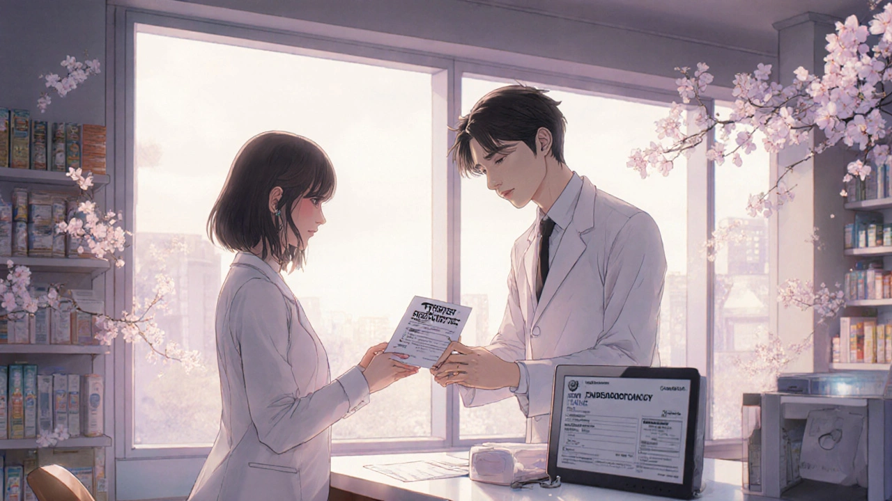 A pharmacist hands a clozapine prescription to a patient in a bright, modern pharmacy with no bureaucratic barriers.