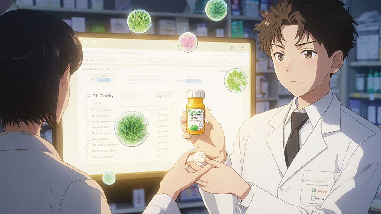 A pharmacist hands a vegan capsule to a patient, with a digital screen showing verified animal-free meds.