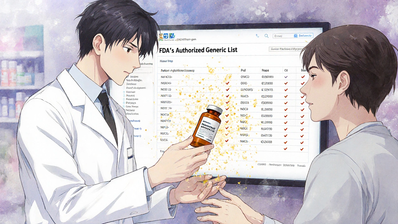 A pharmacist hands an authorized generic to a patient as an FDA list glows softly behind them.