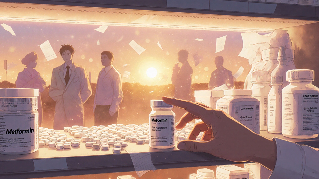 A pharmacy shelf glows softly at dusk as ghostly figures of the drug journey appear in a timeline behind it.