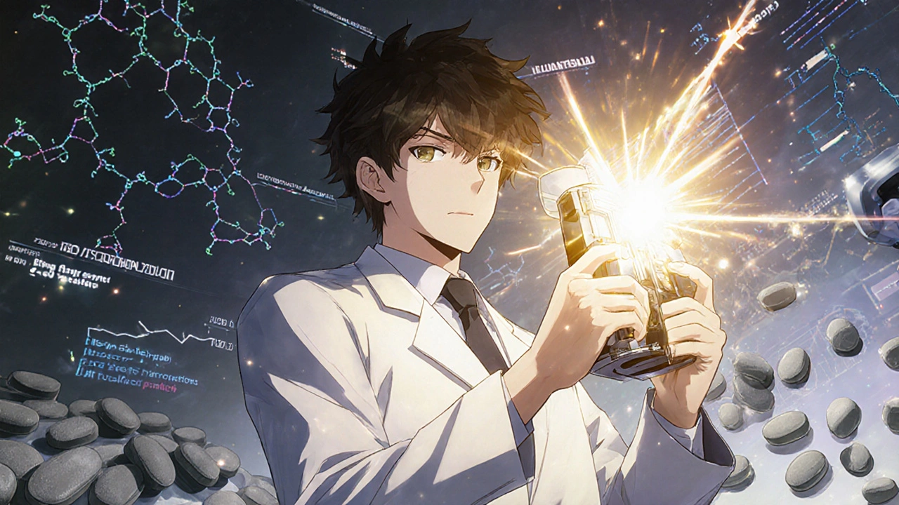 A scientist holds a complex inhaler with holographic molecular projections, contrasting with mass-produced pills.