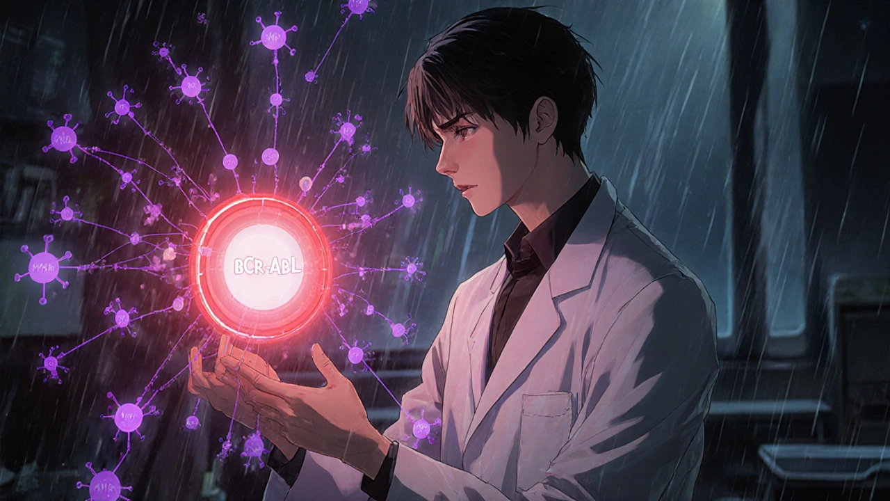 A scientist viewing a holographic protein network with one precise target and many stray connections, in a high-tech lab.