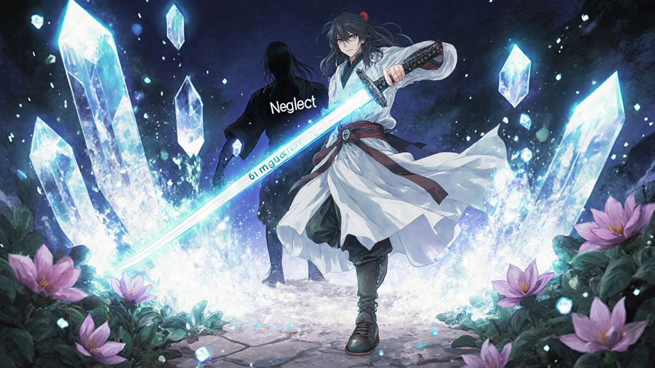 A warrior with a glowing sword cuts through urate crystals, dissolving them into mist, while neglect crumbles behind him.