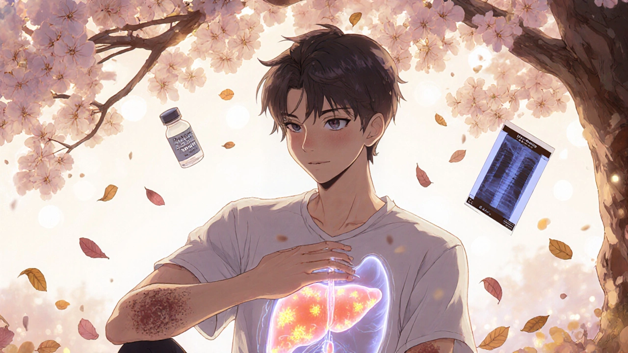 A young adult sitting under cherry blossoms with a healed liver glowing softly, immune cells dissolving into petals.