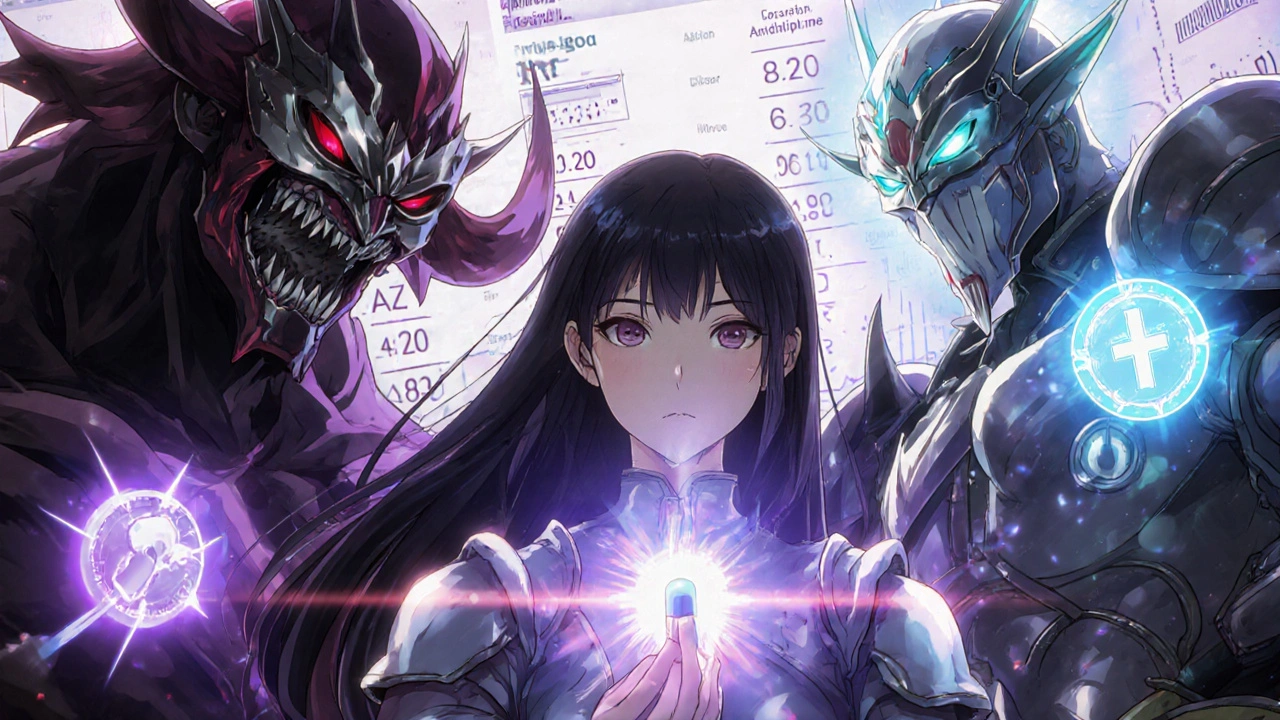 A young hero surrounded by glowing medication warriors battling shadowy ACE inhibitor demons.