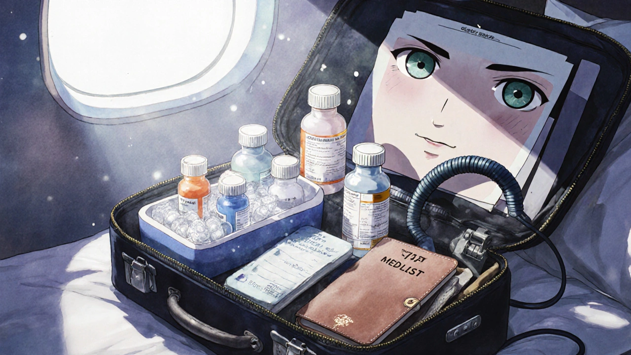 An open carry-on bag with labeled pill bottles, insulin cooler, CPAP gear, and a handwritten medication list under morning light.