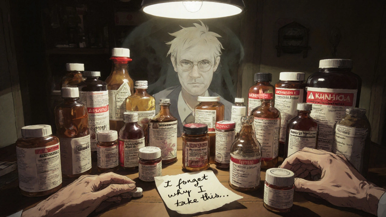 Cluttered table with pill bottles and herbal remedies, one labeled &#039;expired,&#039; with a faint ghostly figure of dizziness above.