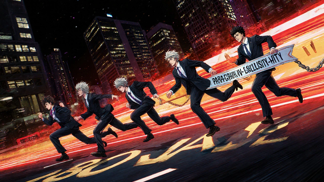 Five stylized figures race toward an exclusivity finish line, dodging patent obstacles and contract chains.