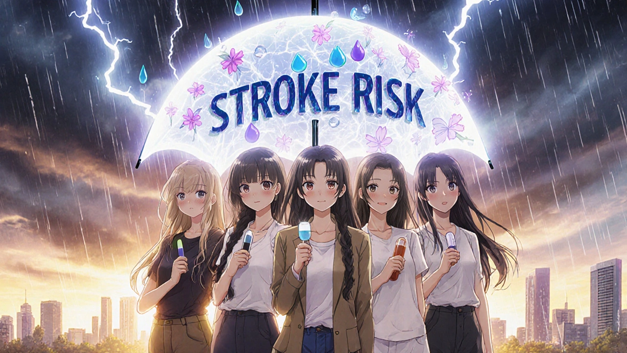 Group of women holding non-estrogen birth control under neuron-shaped umbrella