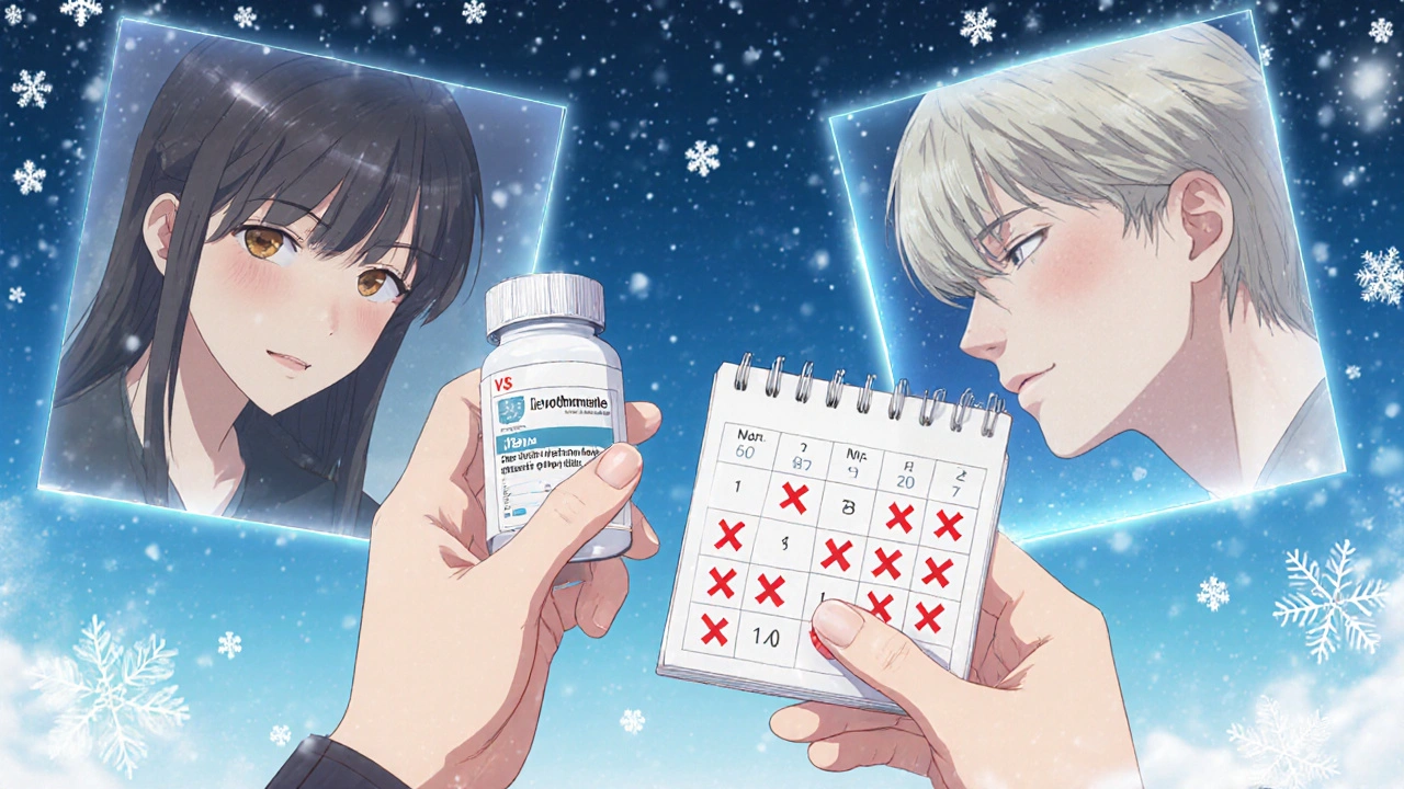 Hands holding a pill bottle and calendar with checkup marks, surrounded by contrasting life scenes.
