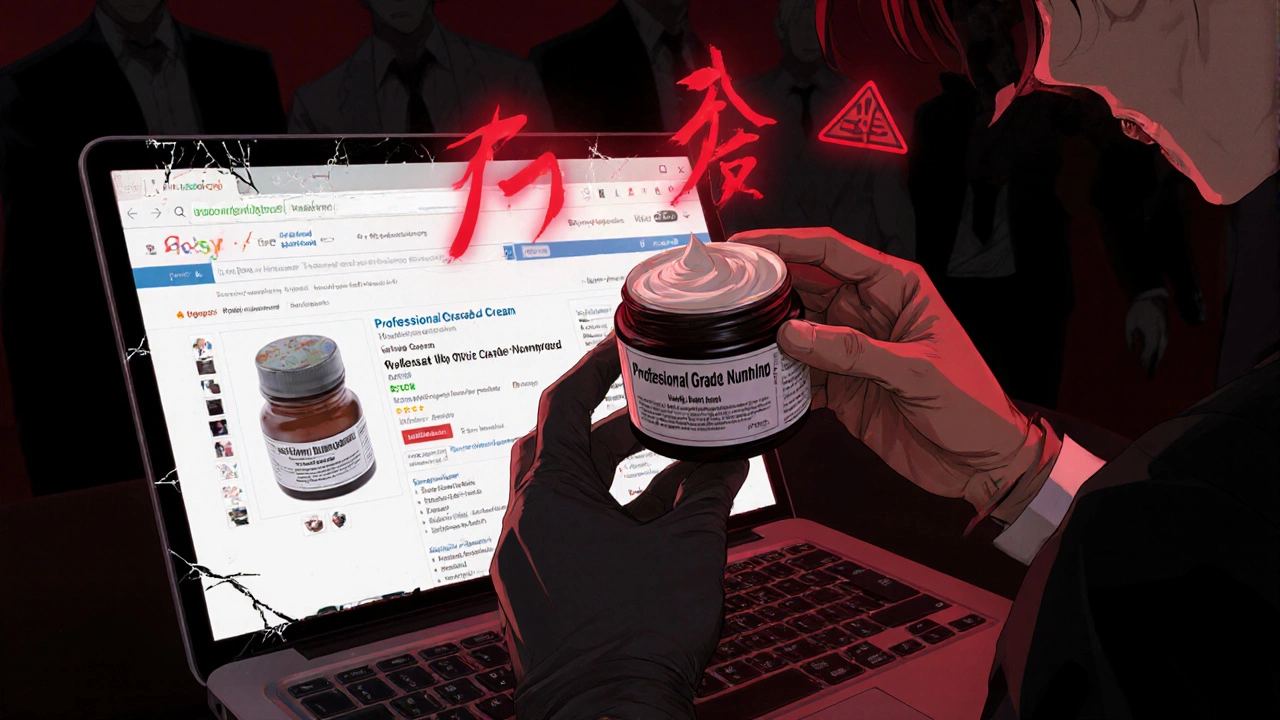 Hands holding an illegal lidocaine cream jar, glowing red warning symbols, laptop showing unsafe online ad.
