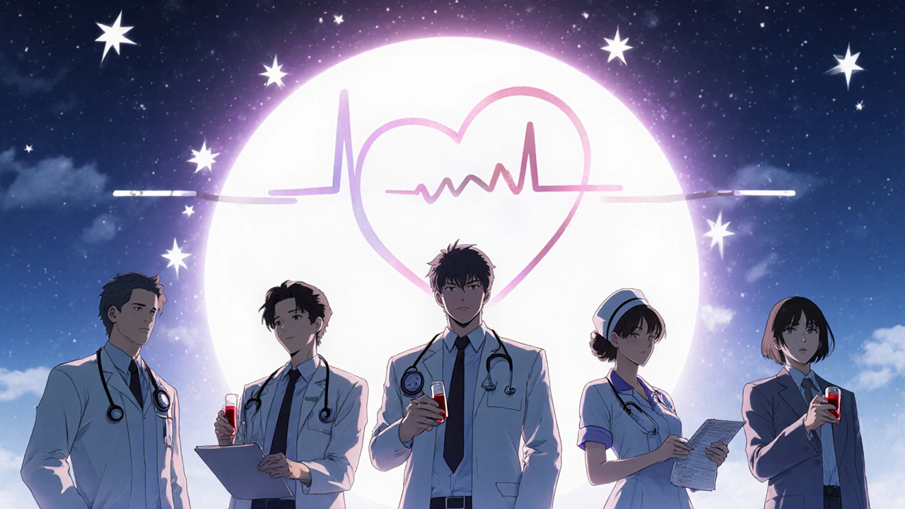 Healthcare providers stand under a starry sky, symbols of trust and monitoring glowing above them.