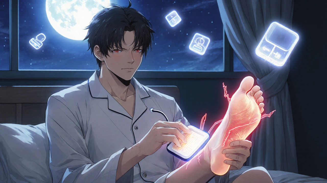 Man applying a glowing capsaicin patch at night, with calming electric waves and medication icons nearby.