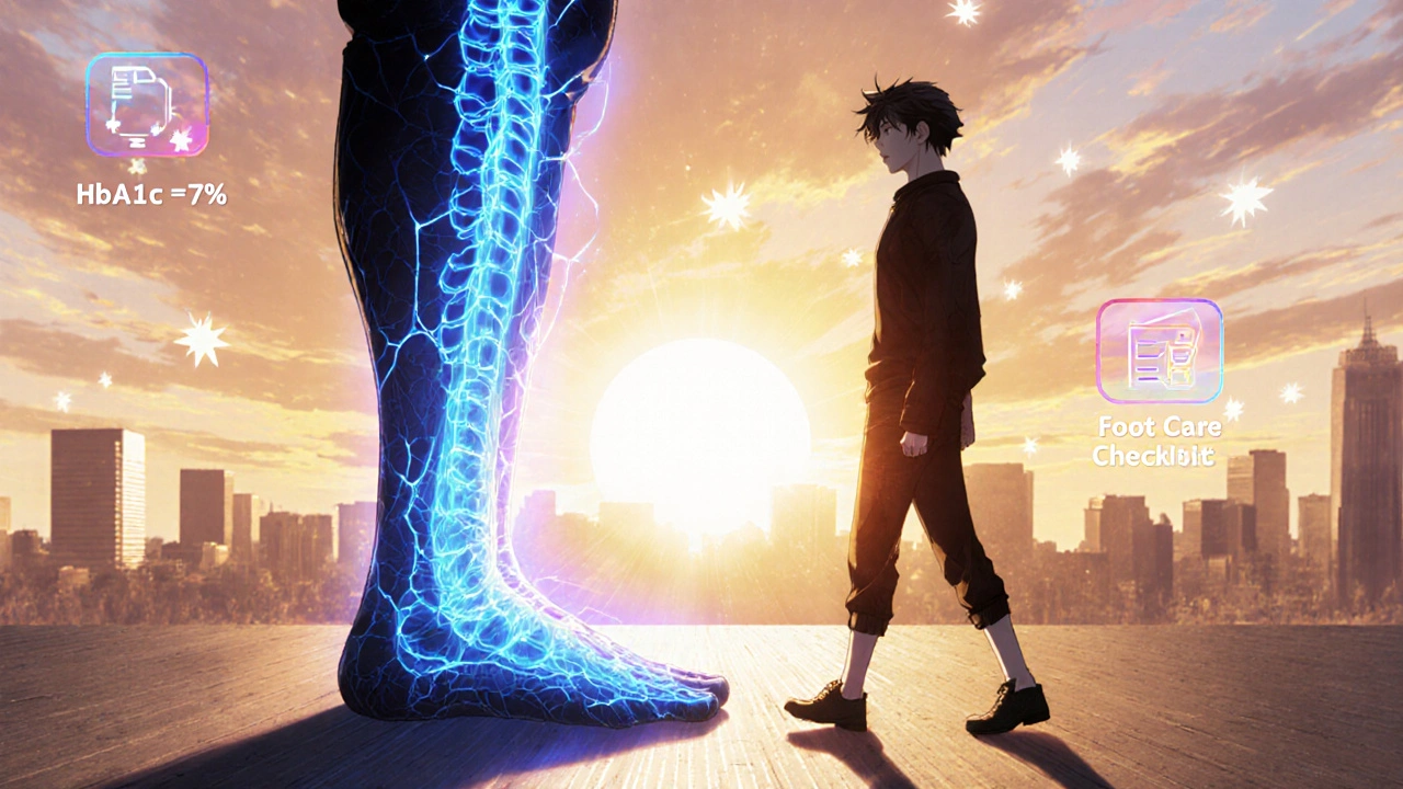 Man with implanted spinal stimulator, healing nerves glowing blue as he stands strong under a sunrise.