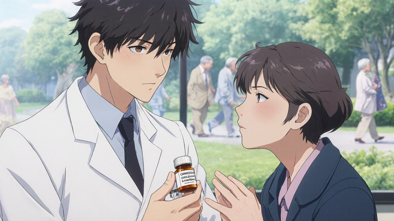 Neurologist handing a pill bottle to a patient with Parkinson’s, both expressing quiet hope in a hospital setting.