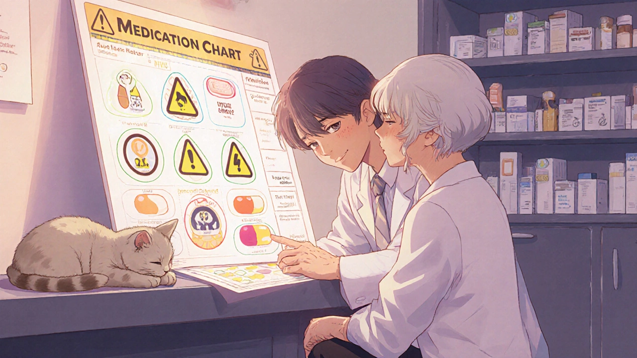 Pharmacist and elderly woman reviewing a glowing medication chart together in a cozy pharmacy.