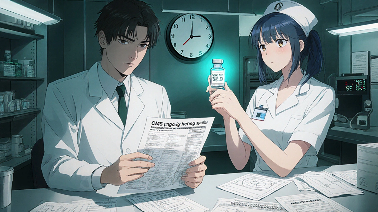 Pharmacist and nurse reviewing CMS pricing sheets with a JZ modifier stamp over a vial in a busy oncology office.