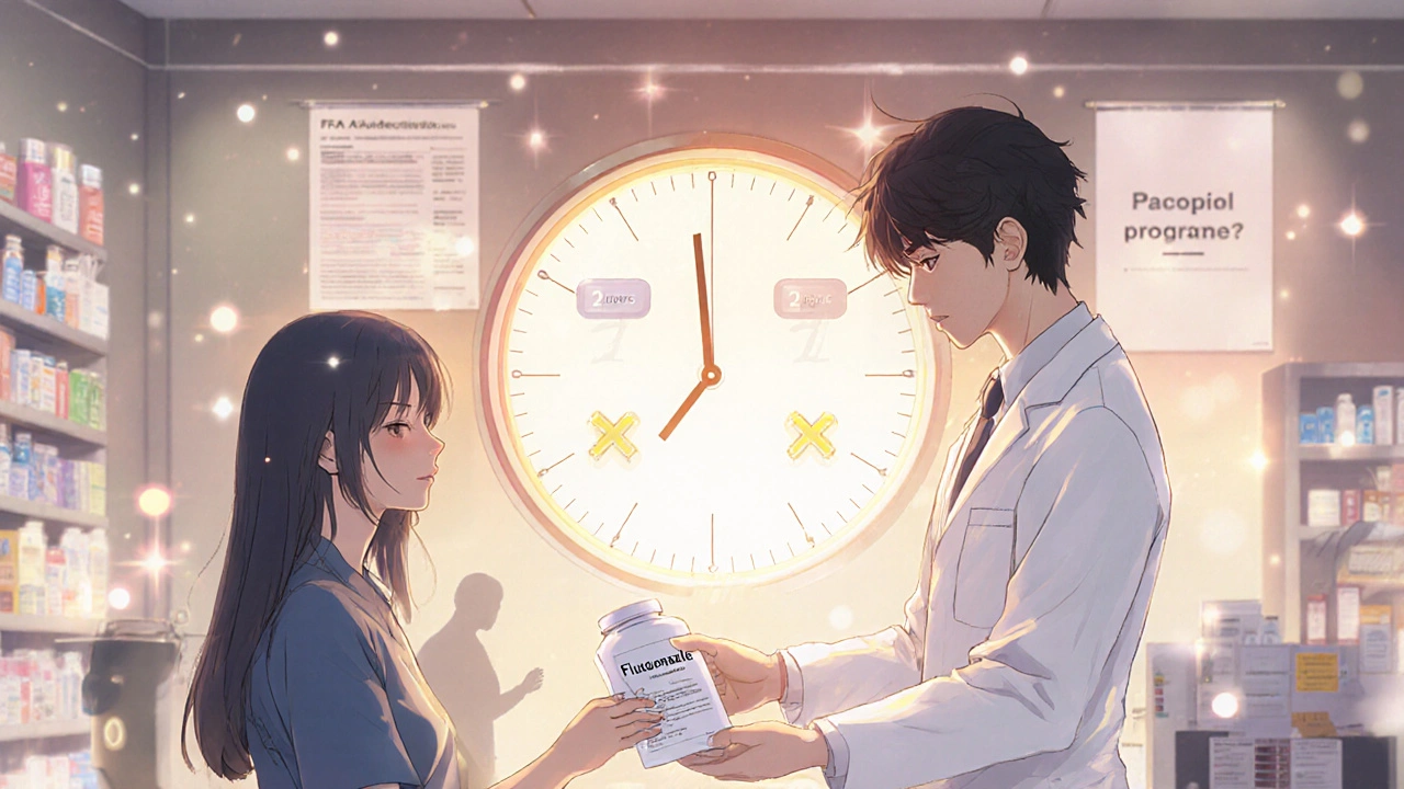 Pharmacist handing safer antifungal prescription with a 2-hour timing clock nearby.