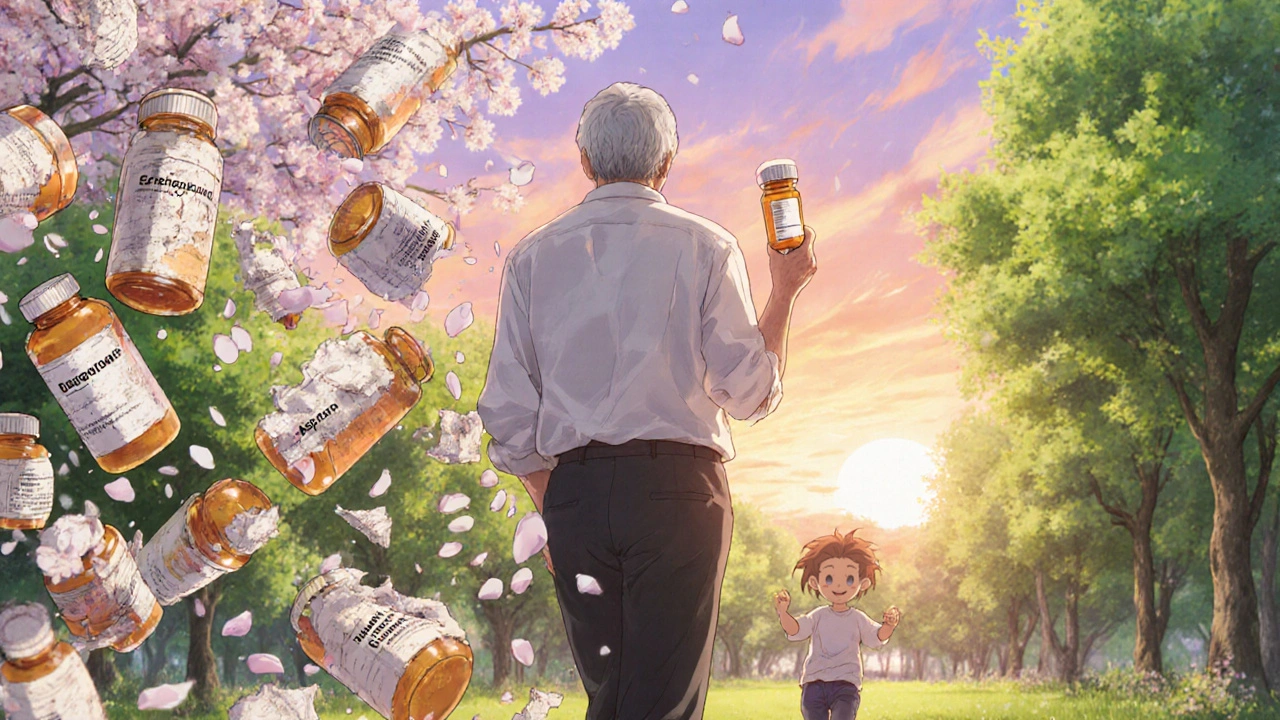 Senior walking peacefully through a park with only one pill, as old prescriptions turn into petals.