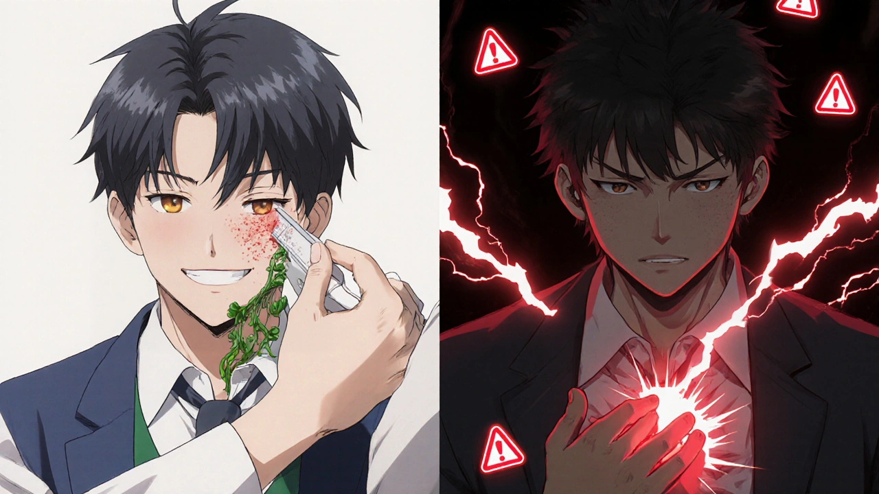 Split image: one side shows a patient with a manageable rash being treated, the other shows sudden heart pain from an off-target drug reaction.