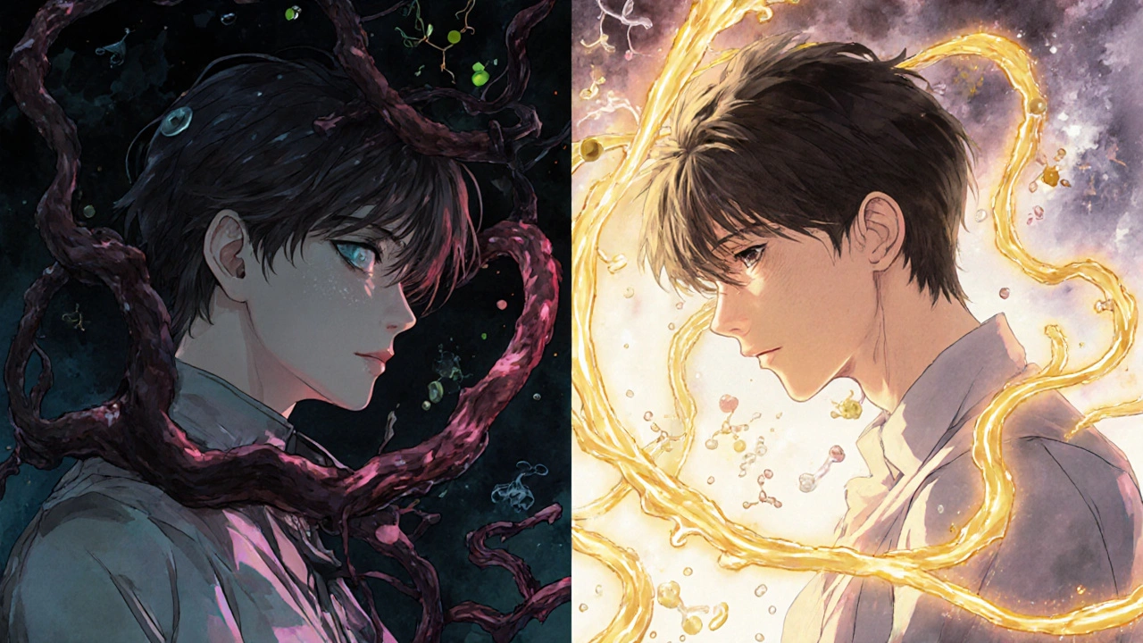 Split scene showing dangerous vs. safe drug interactions in the bloodstream.