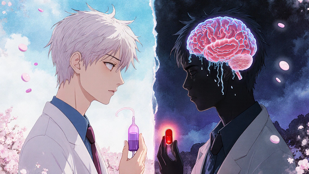 Split scene showing safe progestin method vs risky estrogen pill