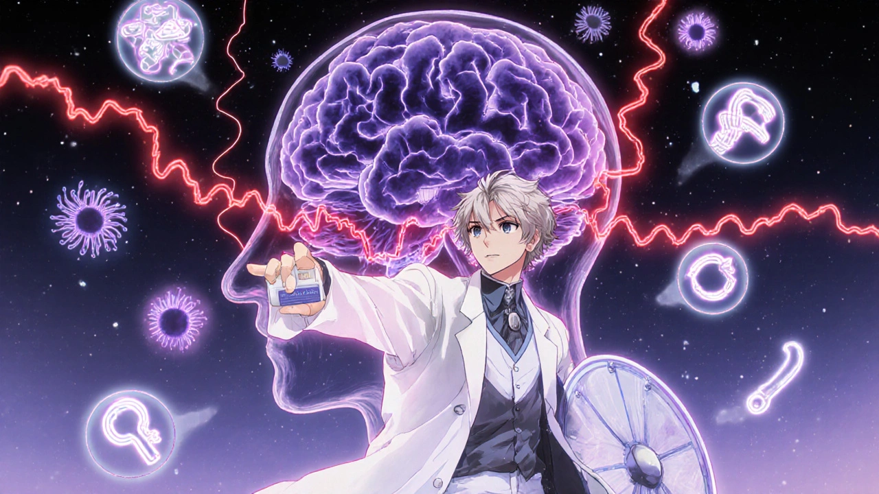 Symbolic brainstem battle where a shield blocks chaotic noise, representing cinnarizine’s calming effect on vertigo.