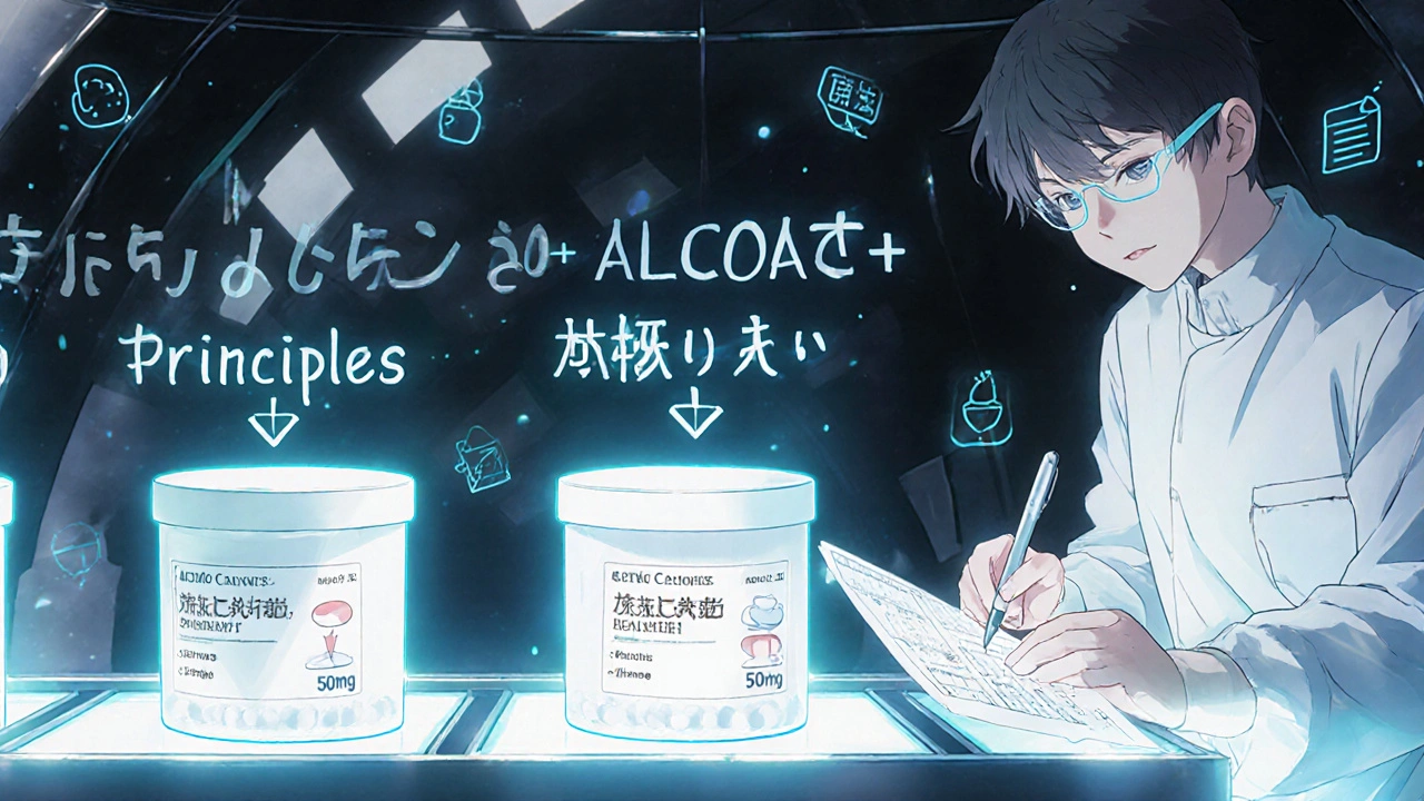 Three generic drug batches on a glowing conveyor with ALCOA+ principles floating nearby.