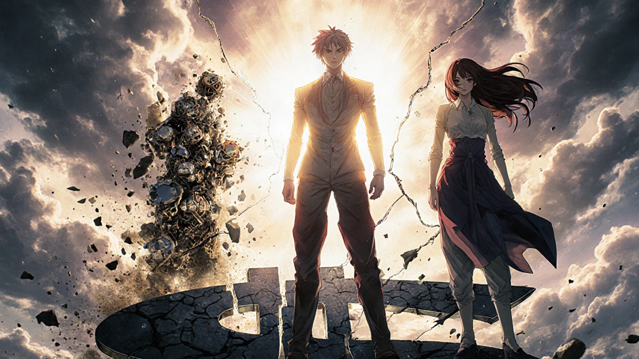 Three symbolic figures represent different generic business models, with one crumbling, one glowing, and one powering global supply chains.