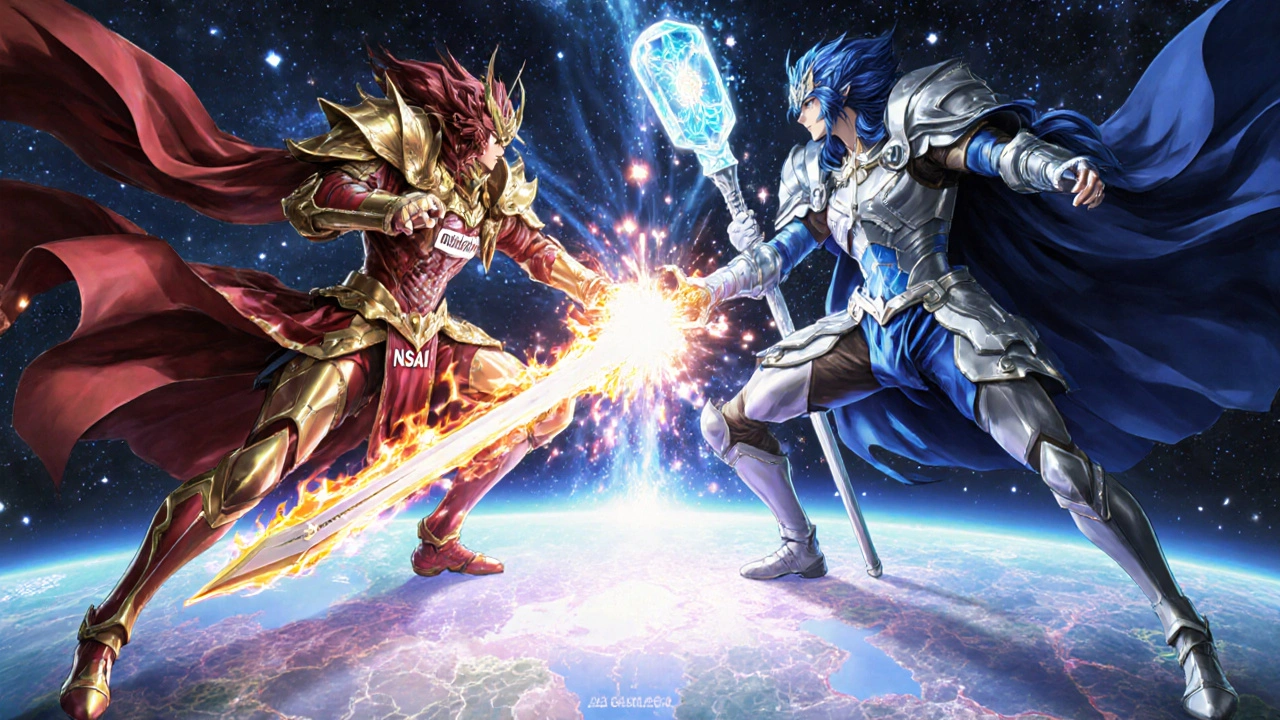 Two armored figures representing NSAIDs and acetaminophen in a symbolic battle above a human body map, surrounded by swirling medical symbols and stars.