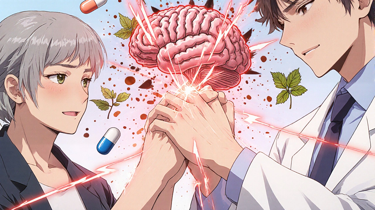 Two hands connected by warning sparks, with floating drug icons exploding in chaotic energy.