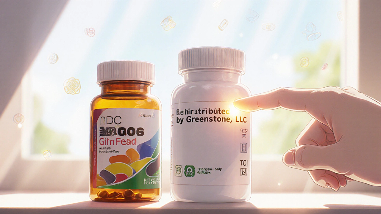Two pill bottles side by side — one branded, one generic — with NDC codes highlighted in sunlight.