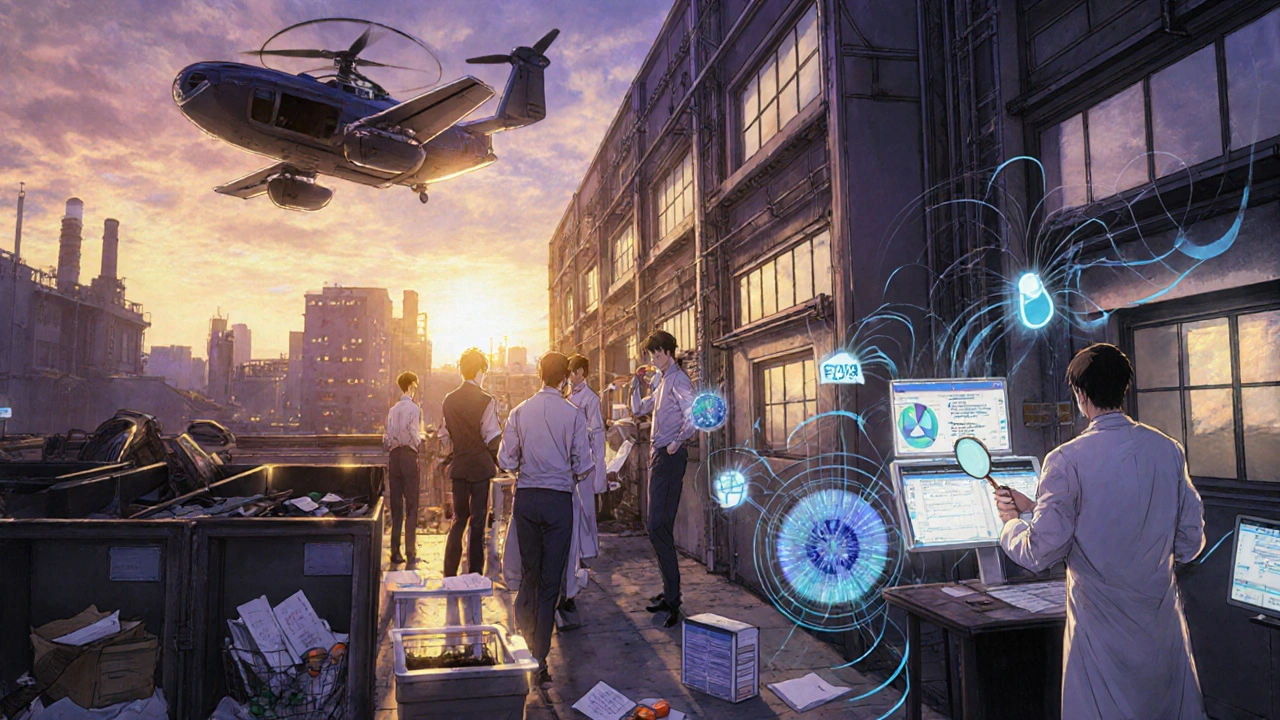 Unannounced FDA inspection at a foreign drug factory at dusk with traceability threads visible.