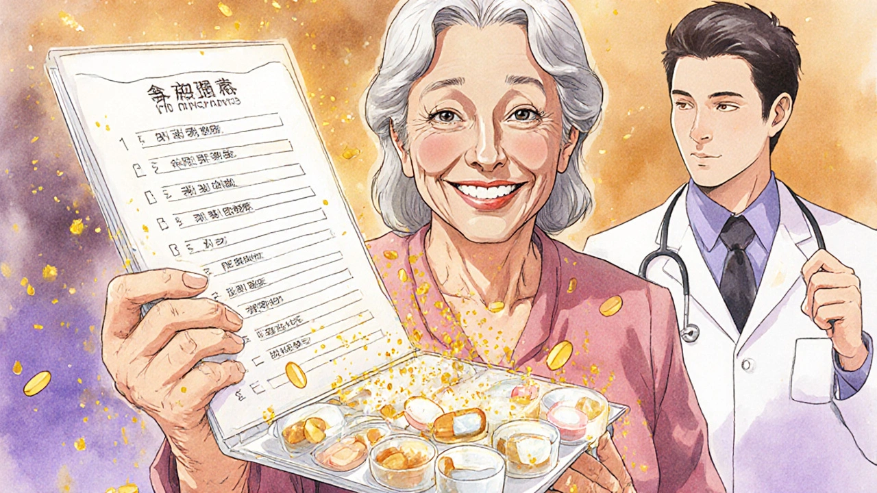 Woman smiling with a small pill organizer as old medications fade away in golden dust, surrounded by medical staff.