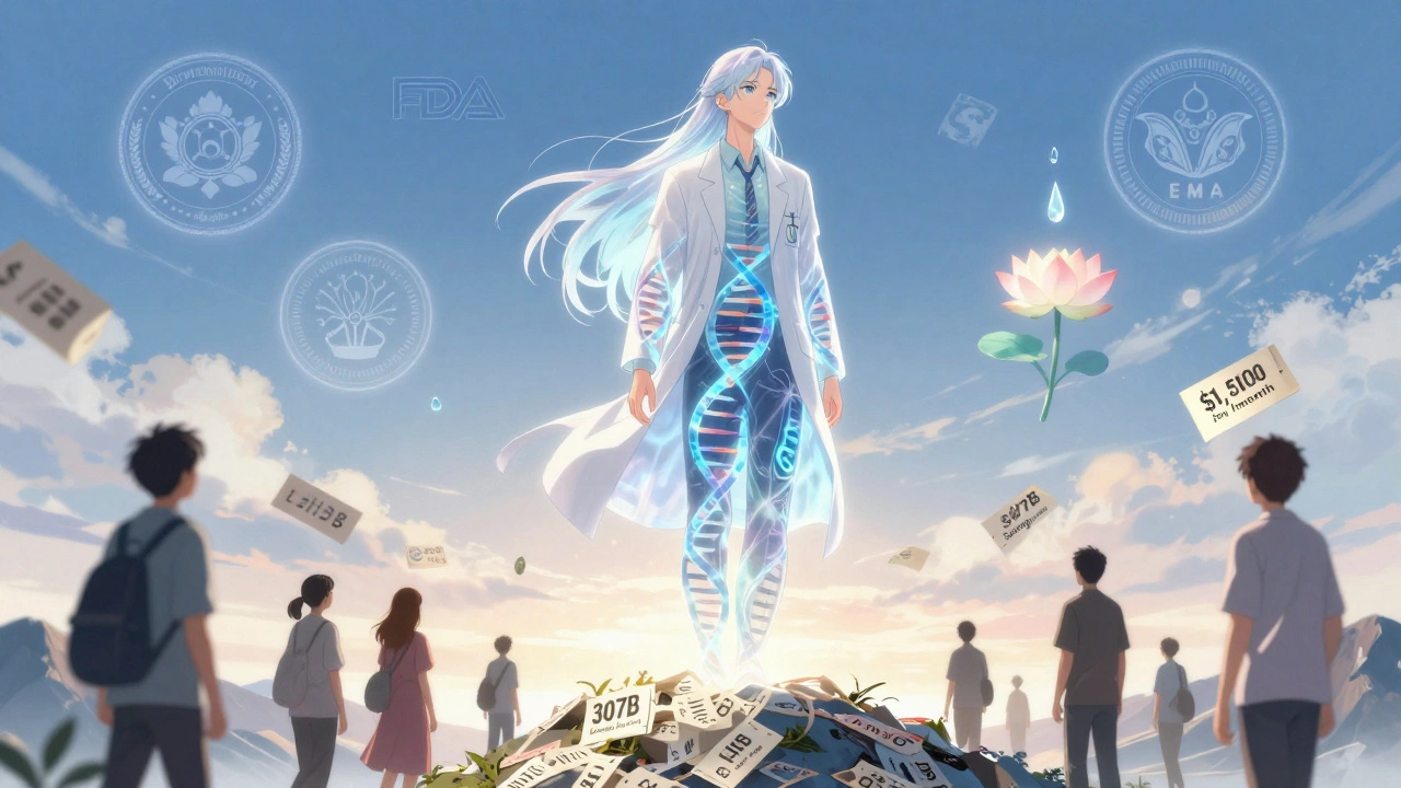 A celestial figure standing on discarded price tags, guiding patients toward a horizon of healthcare savings.