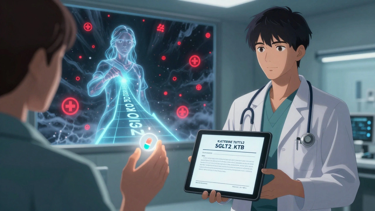 A clinician faces an insurance denial while a celestial guide points to KDIGO 2022 guidelines.