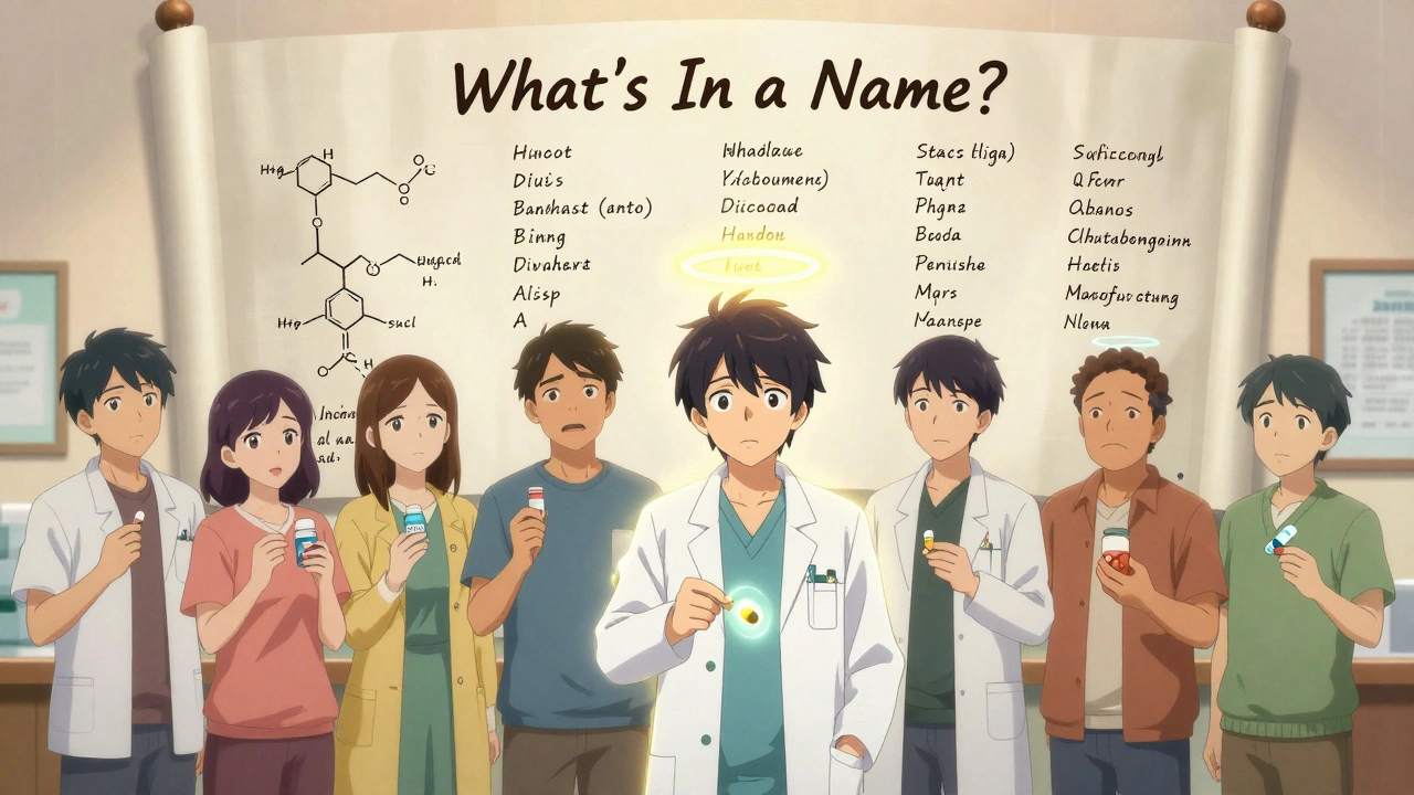 A diverse group of patients listens as a glowing pharmacist explains generics, with a floating chart showing drug names in elegant script.