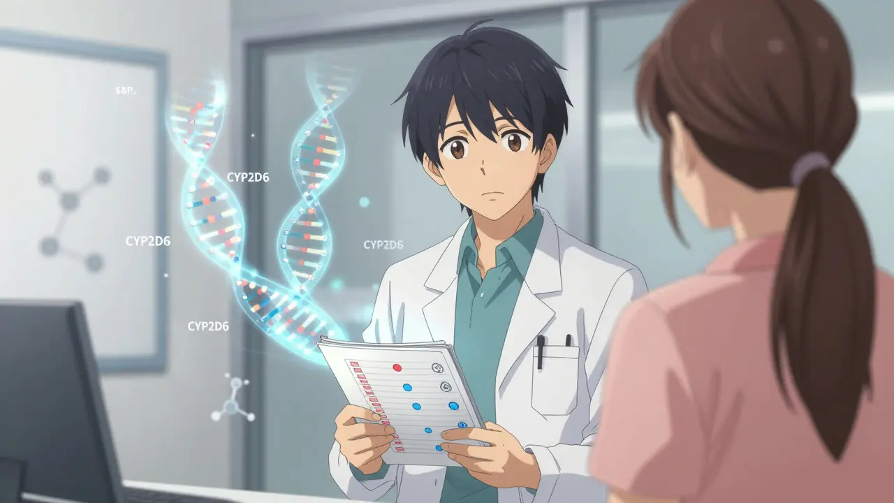 A doctor and patient reviewing a symptom tracker, with holographic DNA strands floating in the background.