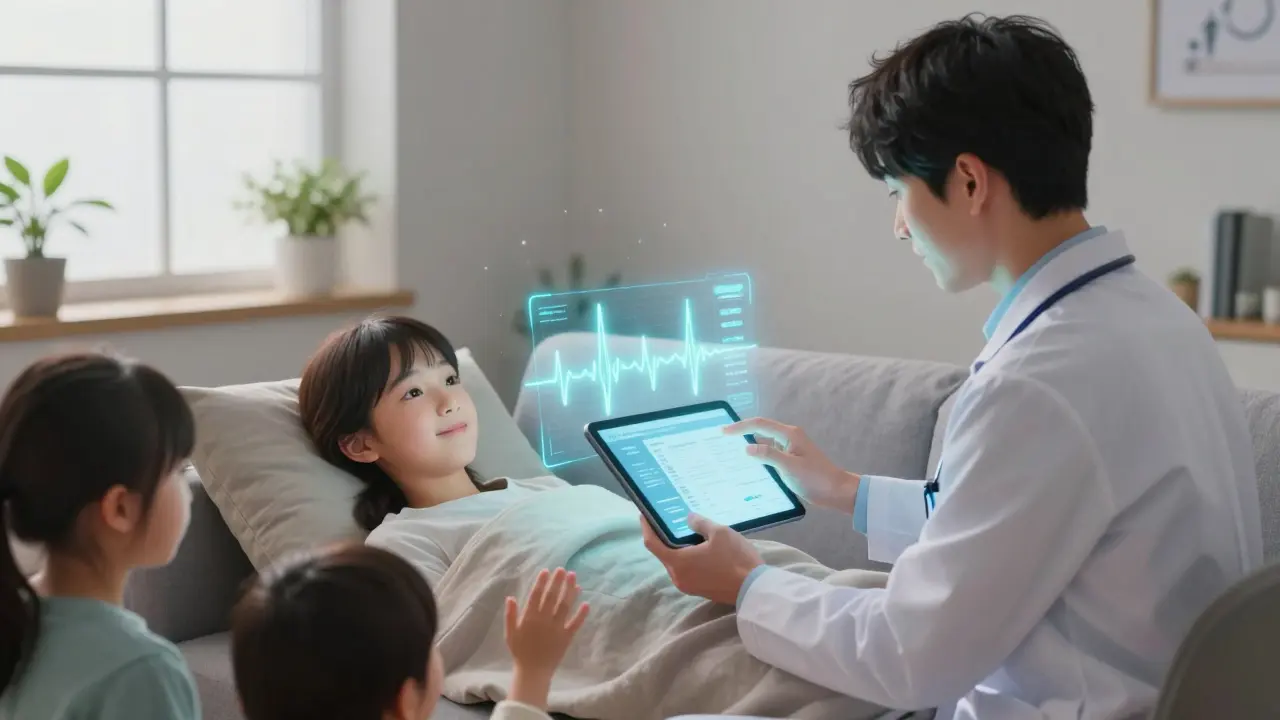 A family video-calling a doctor for palliative care, with a glowing symptom tracker above the patient.