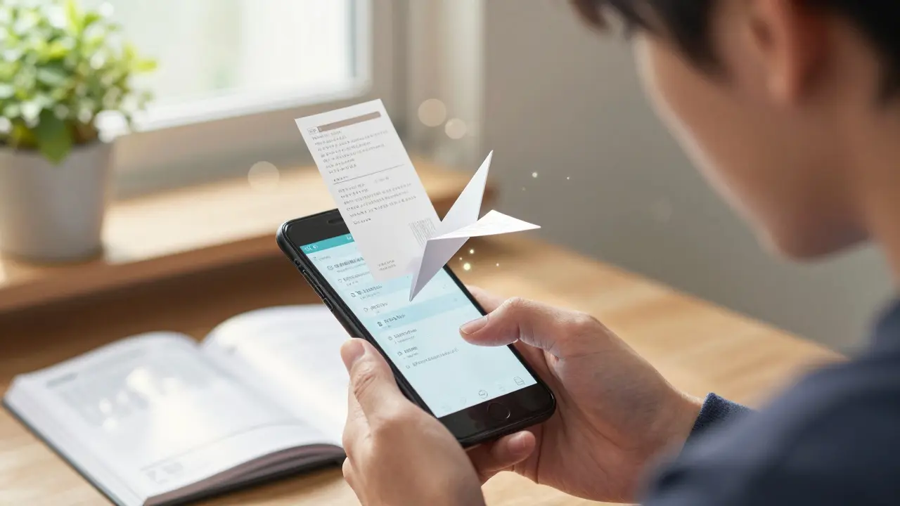 A hand scanning a prescription label as digital information floats around it in anime style.