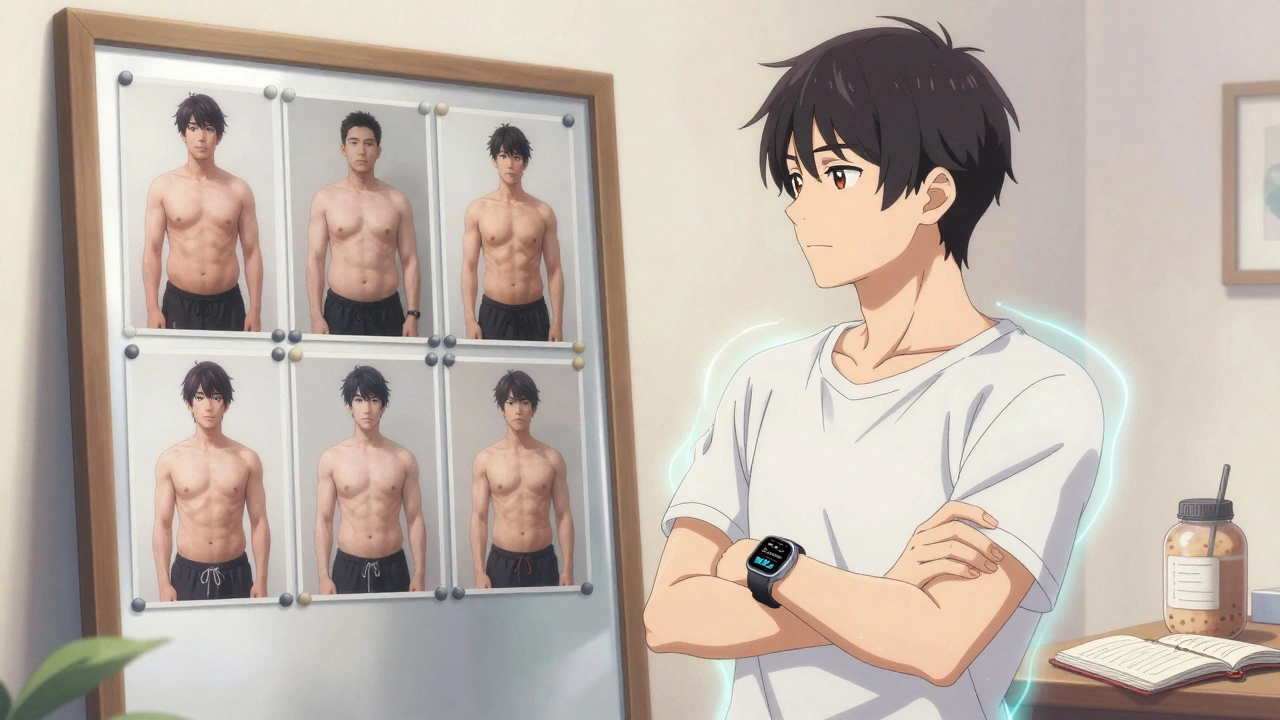 A man reviewing progress photos in front of a mirror, smartwatch glowing, calm and proud expression.