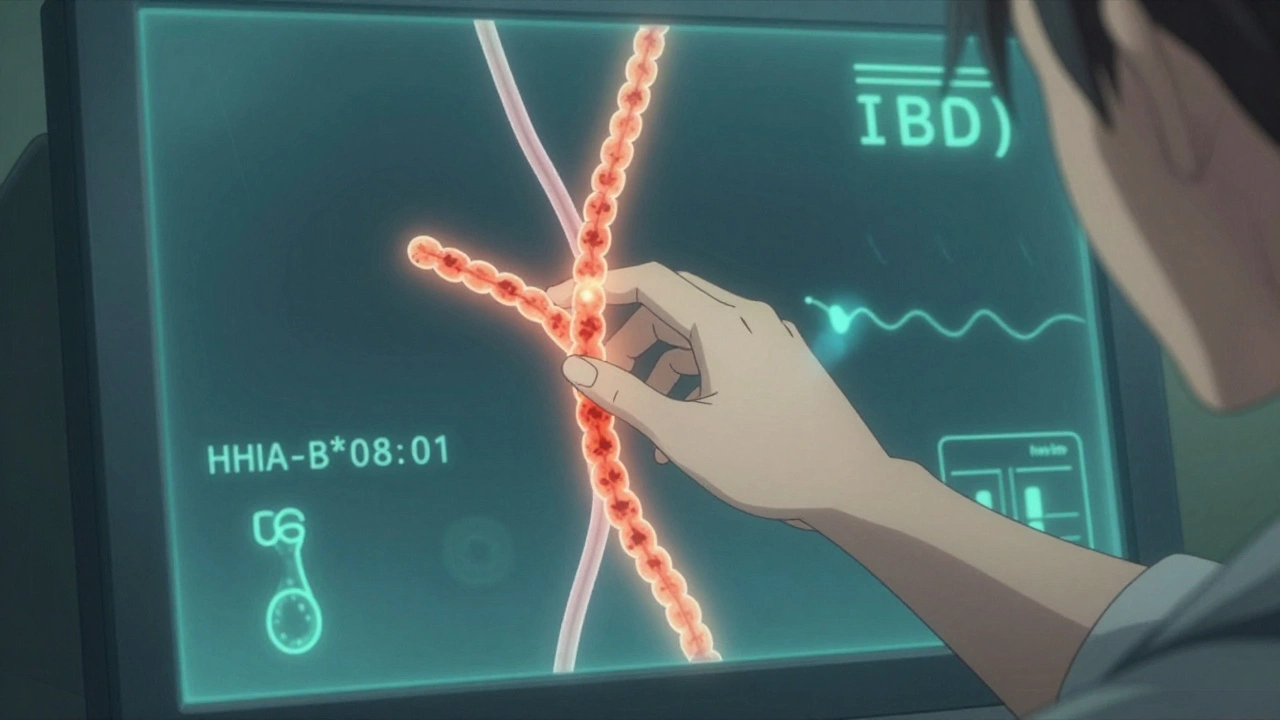 A medical scanner showing beaded bile ducts with genetic and inflammatory symbols floating nearby.