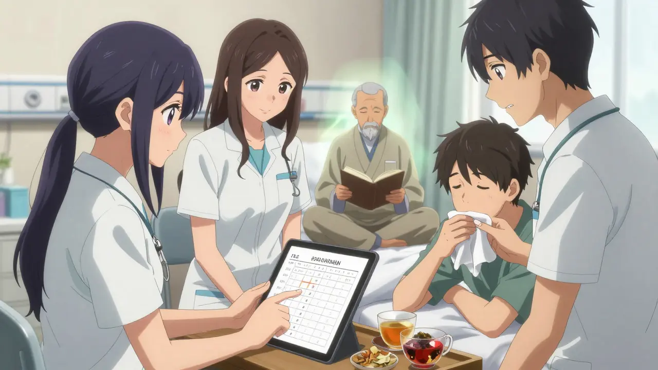 A palliative care team supporting a patient with a damp cloth, chaplain reading, and medical tools nearby.