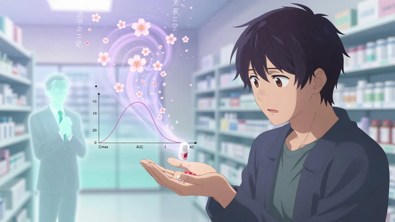 A patient examines a generic pill as its ghost image transforms into bioequivalence graphs like cherry blossoms.